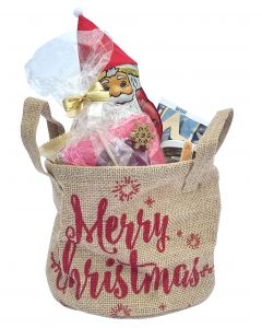 Geschenk MERRY-CHRISTMAS mit Weihnachtsmann, Dominosteine, Honig, Tee und Lebkuchen