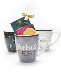 Geschenkset FROHES FEST mit Weihnachtstasse, 10 unterschiedlichen Teesorten und Gebäck von Eilles
